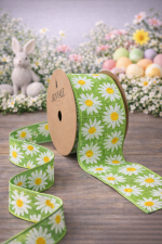 Fita Aramada 6,3cm 9,14m Margaridas Verde